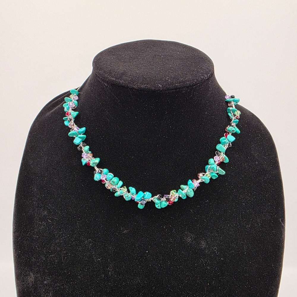 Womens Silver Tone Chain Turquoise Stone Multicolor Beads Summer Tropical 16"β